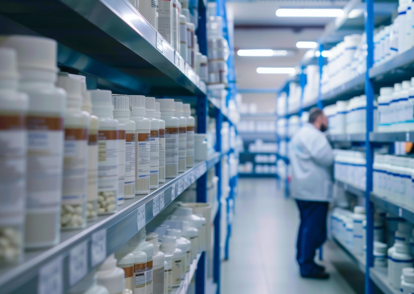 A pharmacist examines products on a shelf in a well-organized pharmaceutical storage area filled with white containers and labels.